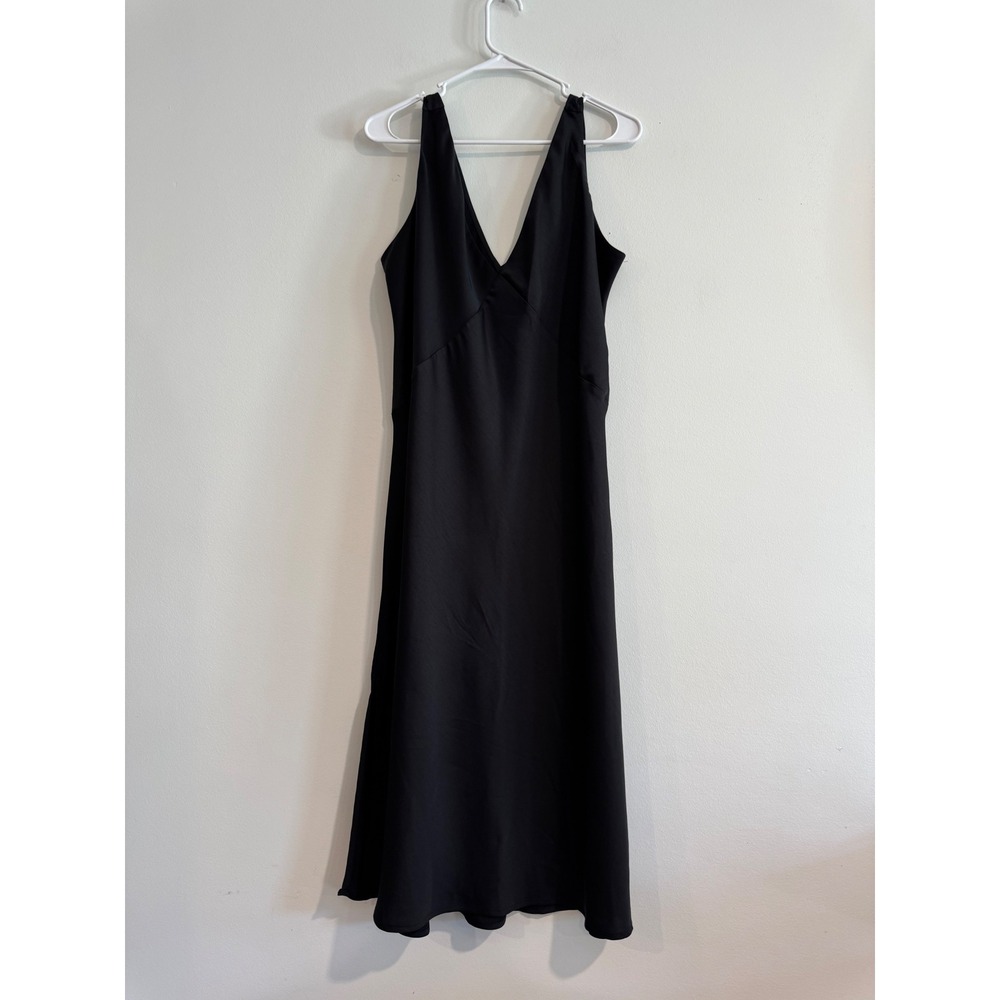 A New Day V-Neck Satin Slip Midi Dress Womens XL Black Side Slit
